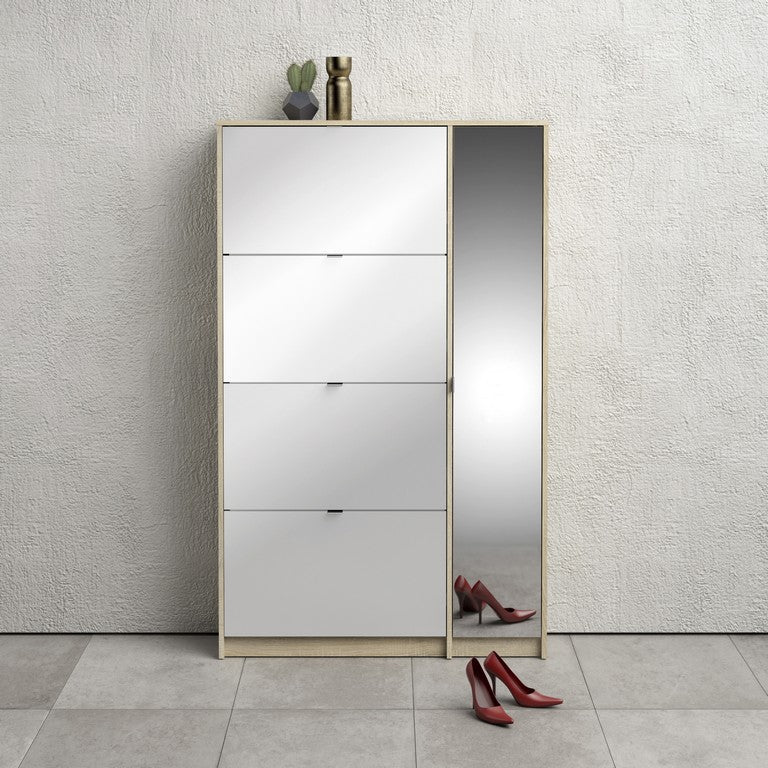 Shoe cabinet w. 4 tilting doors and 2 layers + 1 mirror door