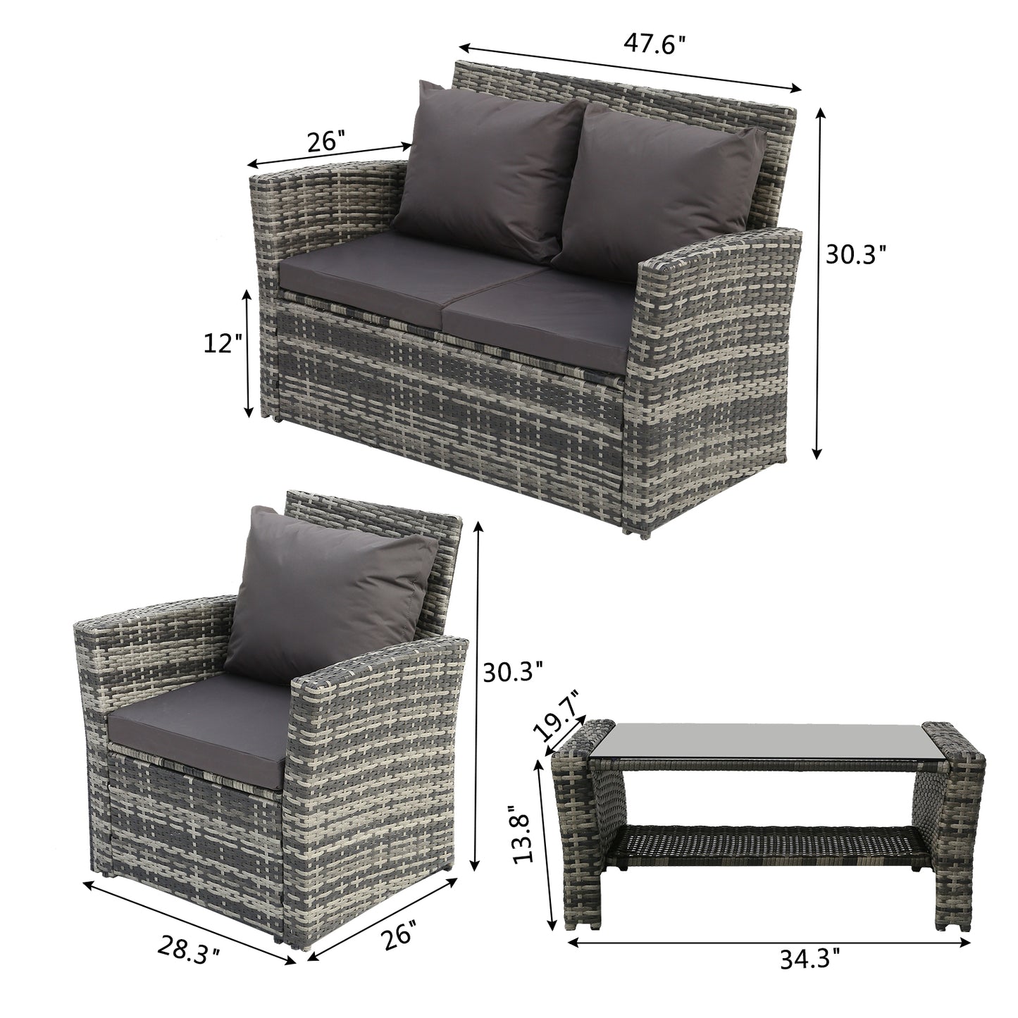 Rattan Sofa Dark Grey Cushions - Four-Piece Set
