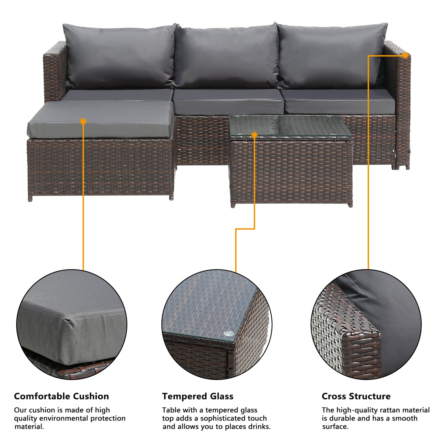 Oshion Three-Seater Corner Sofa - Grey Cushions and Brown Rattan
