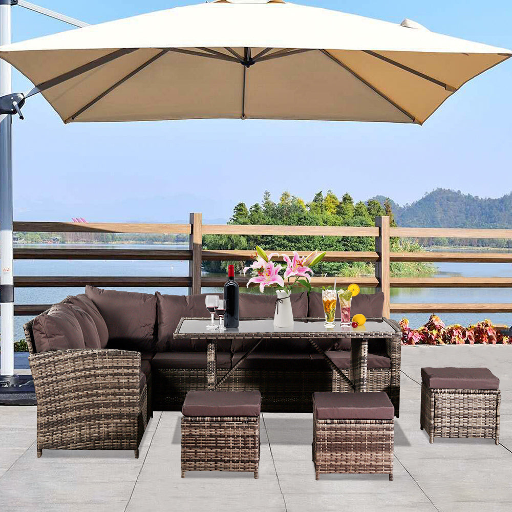  Oshion 9 Seat Rattan Furniture Outdoor Sofa Dining Table With Free Rain Cover- Grey Rattan 