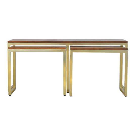 Solid Wood &amp; Iron Gold Base Table Set of 3