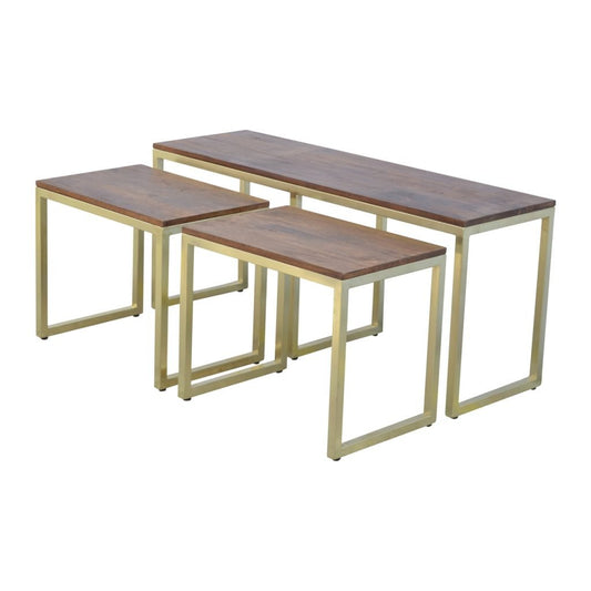 Solid Wood &amp; Iron Gold Base Table Set of 3