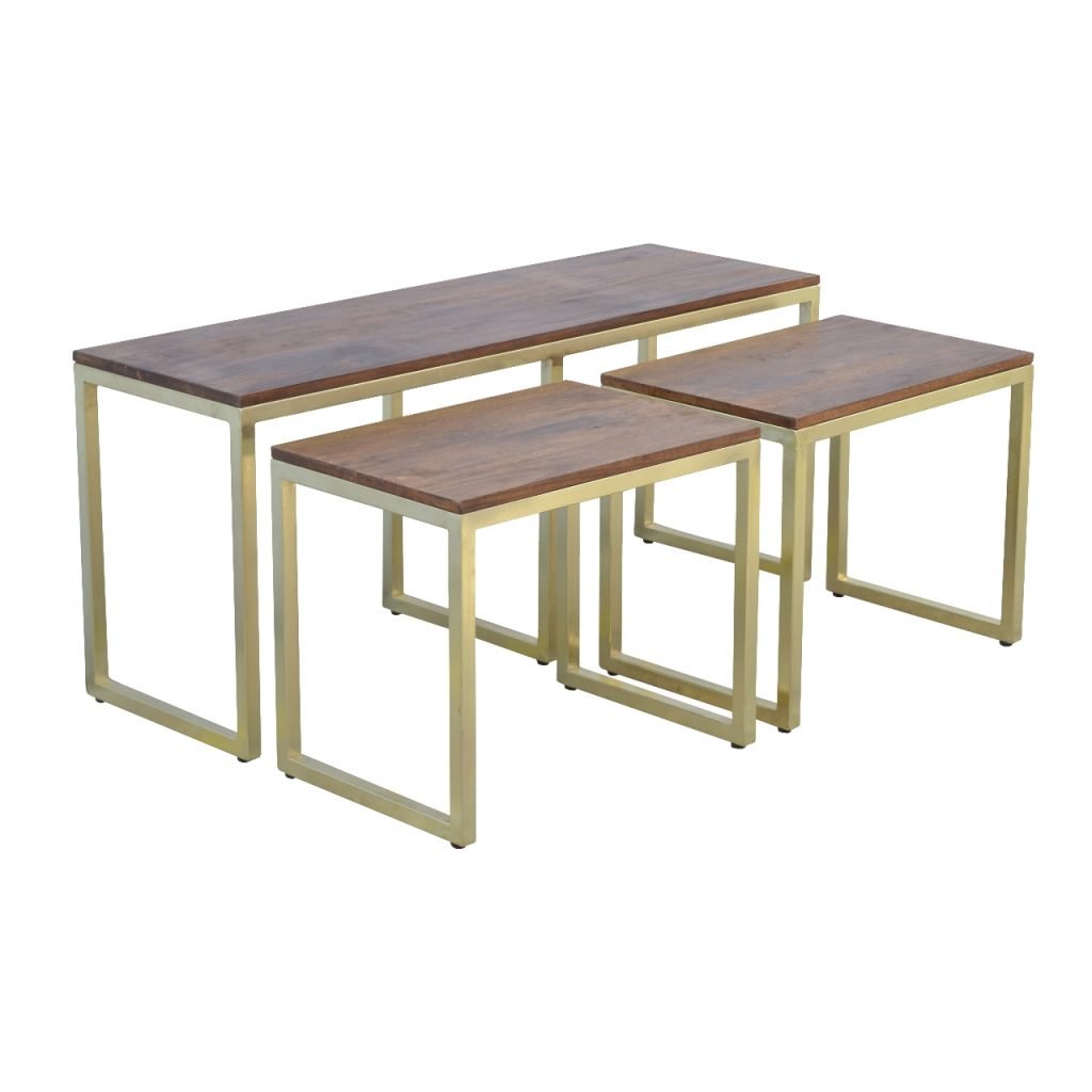 Solid Wood &amp; Iron Gold Base Table Set of 3