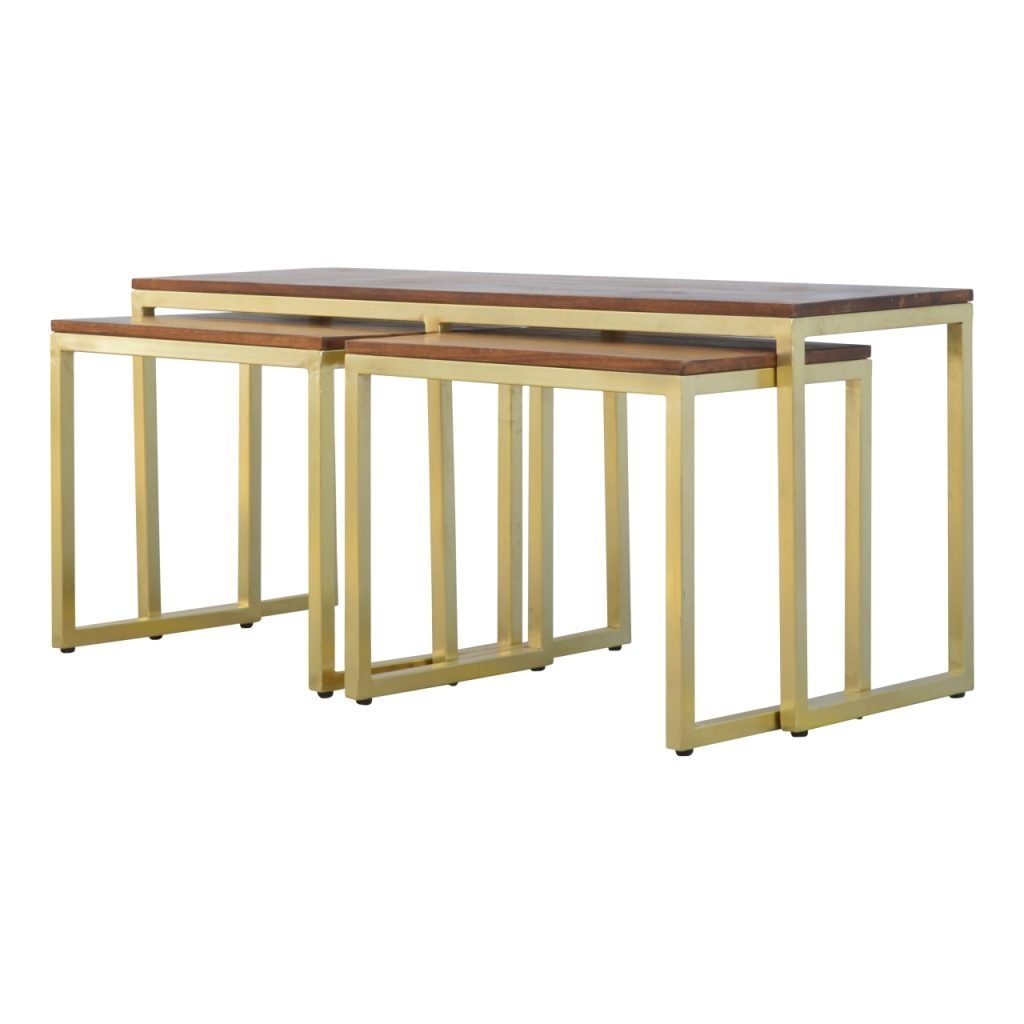 Solid Wood &amp; Iron Gold Base Table Set of 3