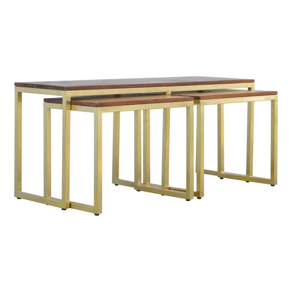 Solid Wood &amp; Iron Gold Base Table Set of 3